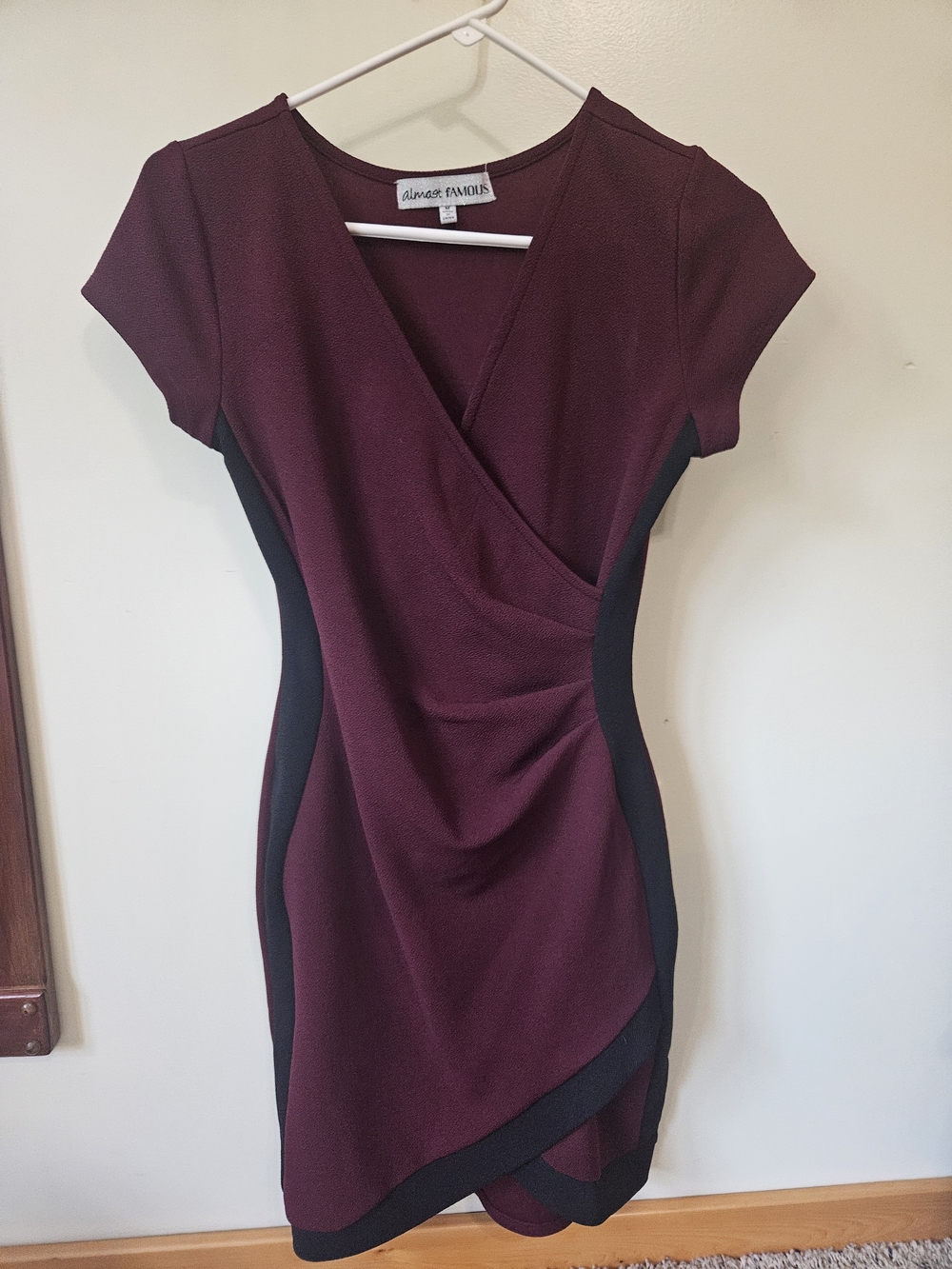 Almost Famous Burgundy Wrap Sheath Dress with Black Side Panels